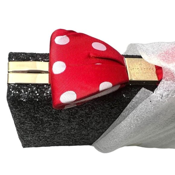 Kate Spade Womens Black Glitter Minnie Mouse Polka Dot Bow Clasp clutch Bag New - Picture 5 of 15